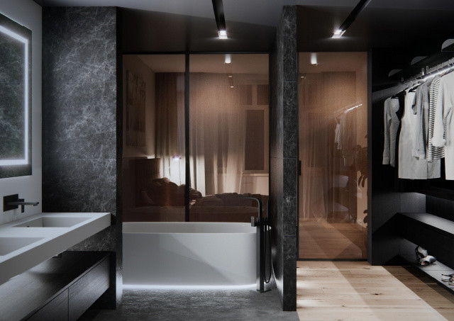 Fürdőszoba- és otthoni wellness kiállítás - fémszövettel laminált üvegajtó