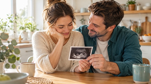 Mosolygó pár a konyhaasztalnál ultrahangképet néz