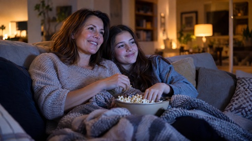 Anya és kamasz lánya filmet néznek a kanapén, popcornnal