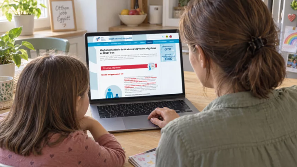 Szülői hozzáférés a gyermek EESZT-leleteihez Laptop egyszerűsített EESZT-felülettel, háttérben szülő és gyermek