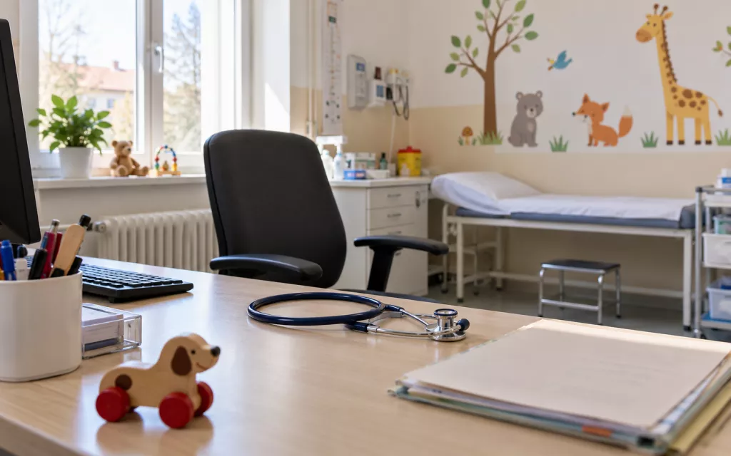 Gyermekorvosi rendelő – illusztráció Üres gyermekorvosi rendelő, az asztalon sztetoszkóppal és fajátékkal – illusztráció