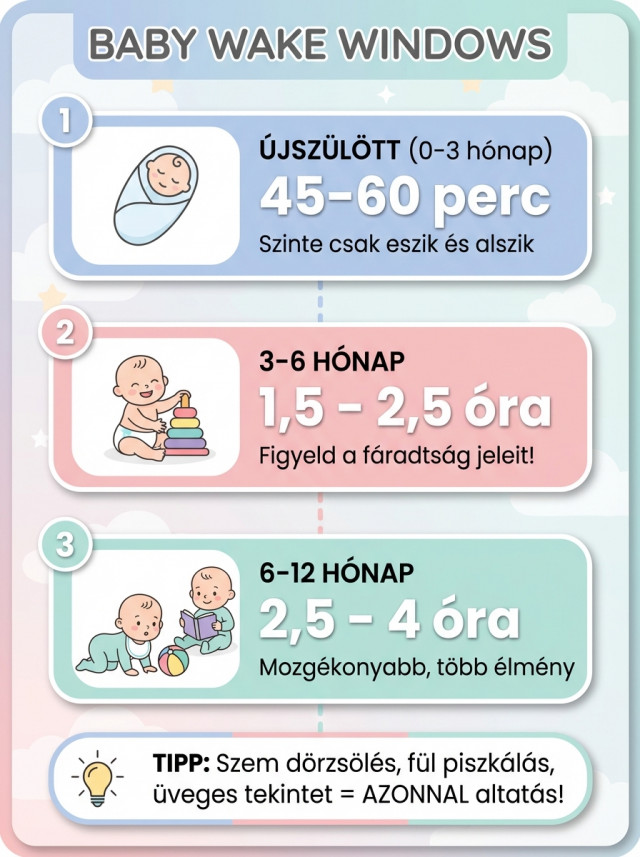 Baba ébrenléti ablakok korosztály szerint: újszülött 45-60 perc, 3-6 hónap 1,5-2,5 óra, 6-12 hónap 2,5-4 óra