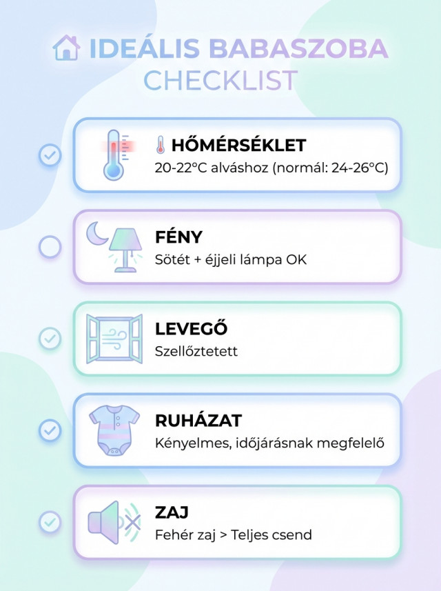 Ideális babaszoba checklist: hőmérséklet 20-22°C alváshoz (normál 24-26°C), sötét szoba éjjeli lámpával, szellőztetett levegő, kényelmes ruházat, fehér zaj