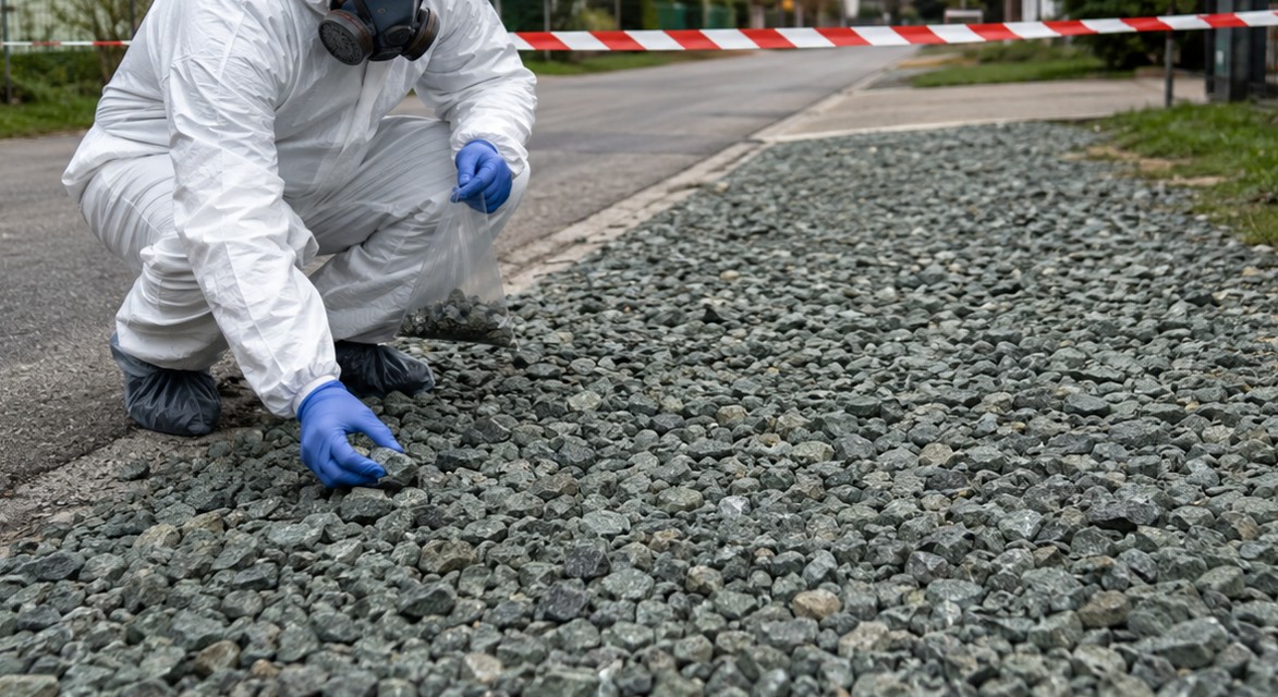 Győrben is azbesztes kőzúzalékot találtak, 12 ingatlan előtt 65-70 tonna lehet belőle Védőfelszereléses szakember kőzúzalékból vesz mintát.